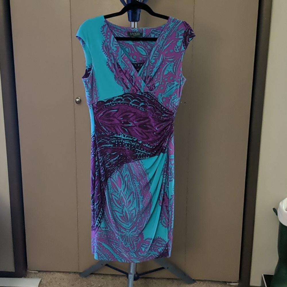 Sz 8 Ralph Lauren purple/teal side scrunch dress